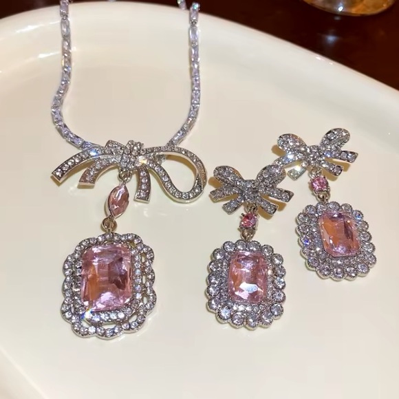 Silver Large Pink Bow Cubic Zirconia Necklace Earring Set - Picture 1 of 3